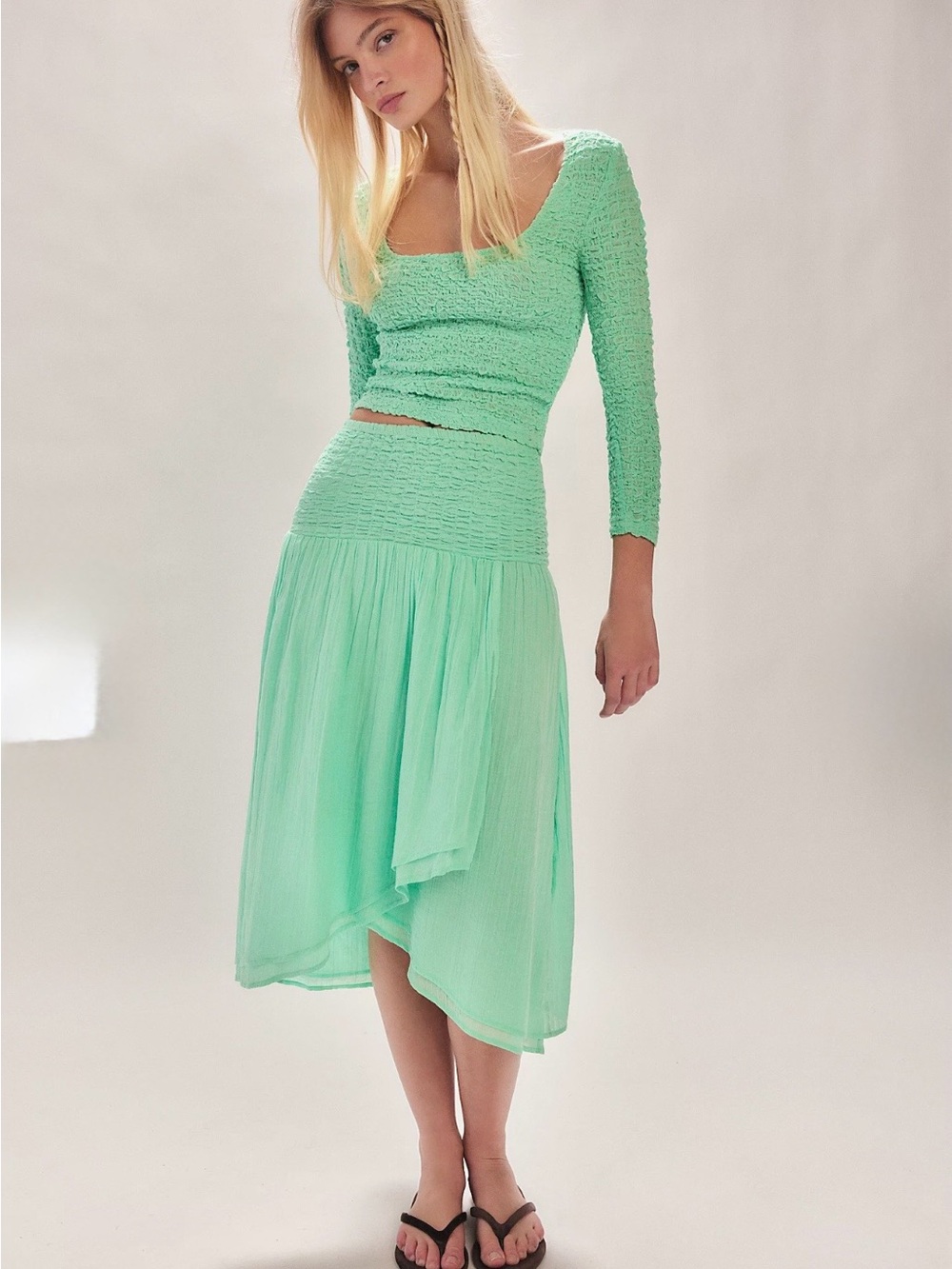 Free People Smocked High-Waist Mint Green Midi Skirt set